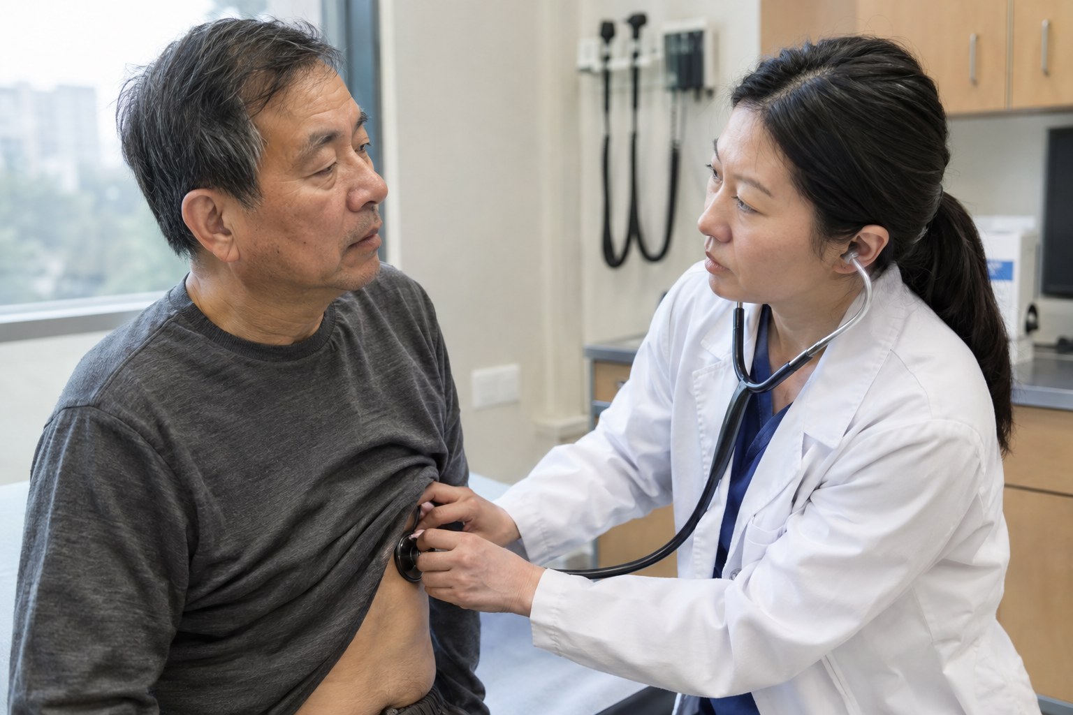 Asian doctor examining respiratory symptoms in a Chinese Asian patient