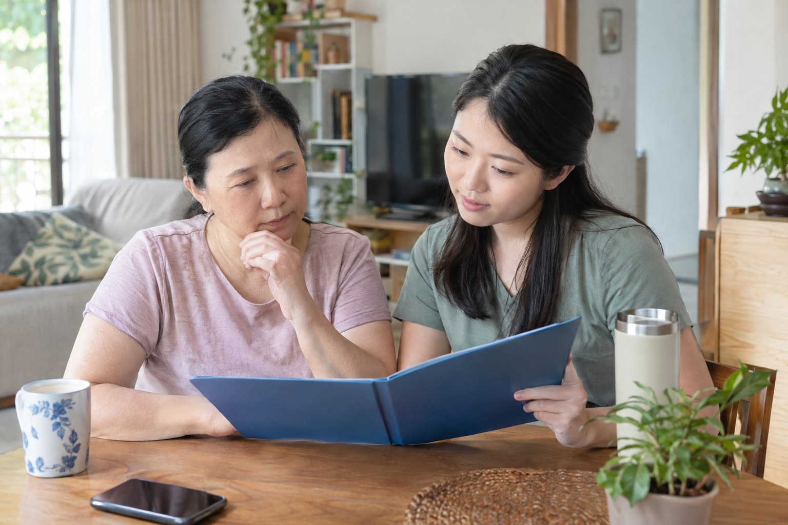 Chinese Asian mother and daughter preparing questions before a breast consultation