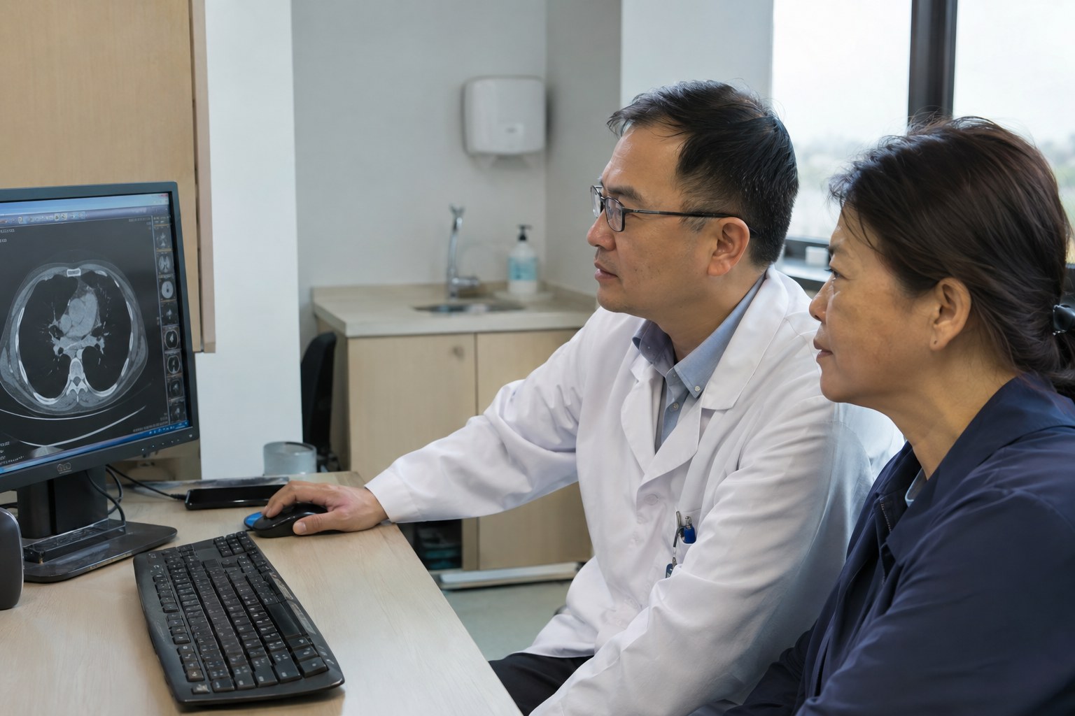 Chinese Asian oncologist reviewing cancer scan results with a patient