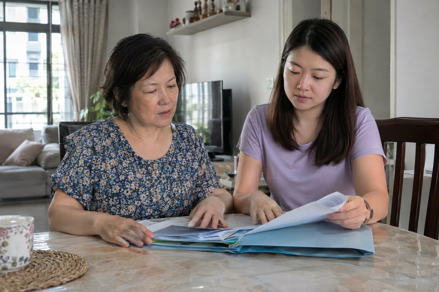 Chinese Asian patient and her adult daughter preparing questions for a medical appointment