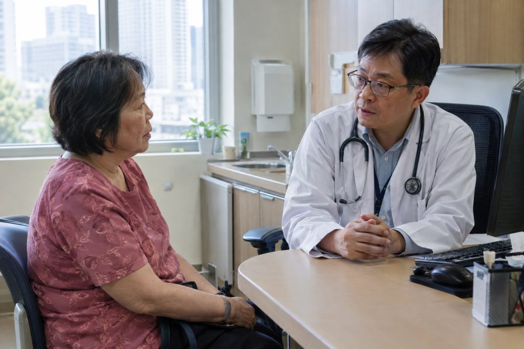 Chinese Asian patient discussing cancer recurrence with an oncologist