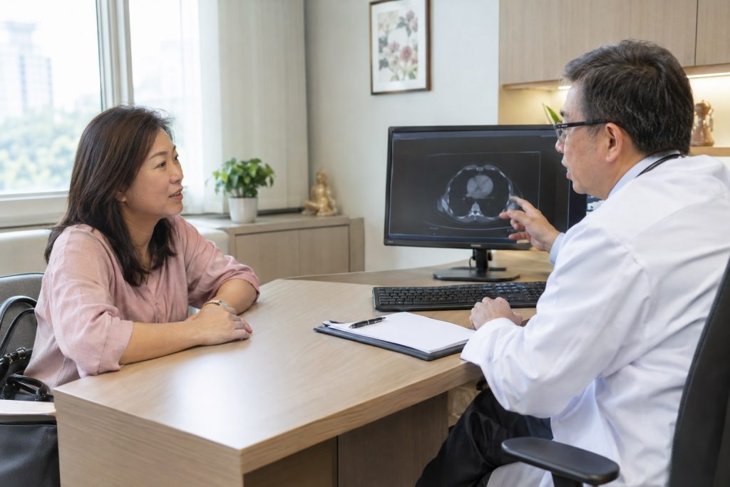 Chinese Asian patient discussing cancer treatment response with an oncologist
