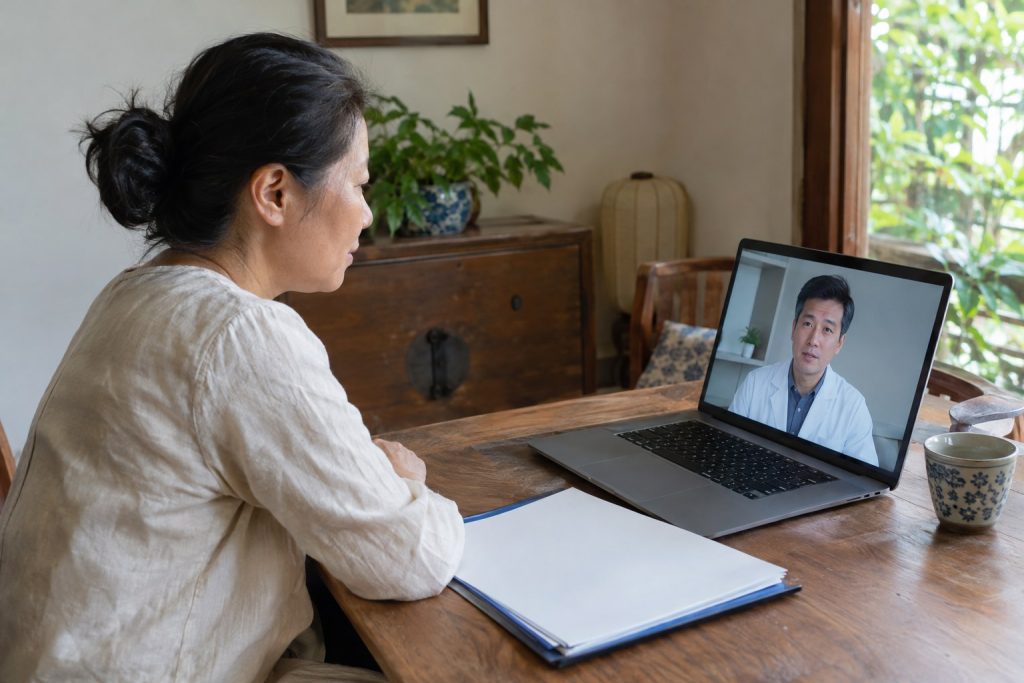 Chinese Asian patient preparing an online cancer second opinion from home