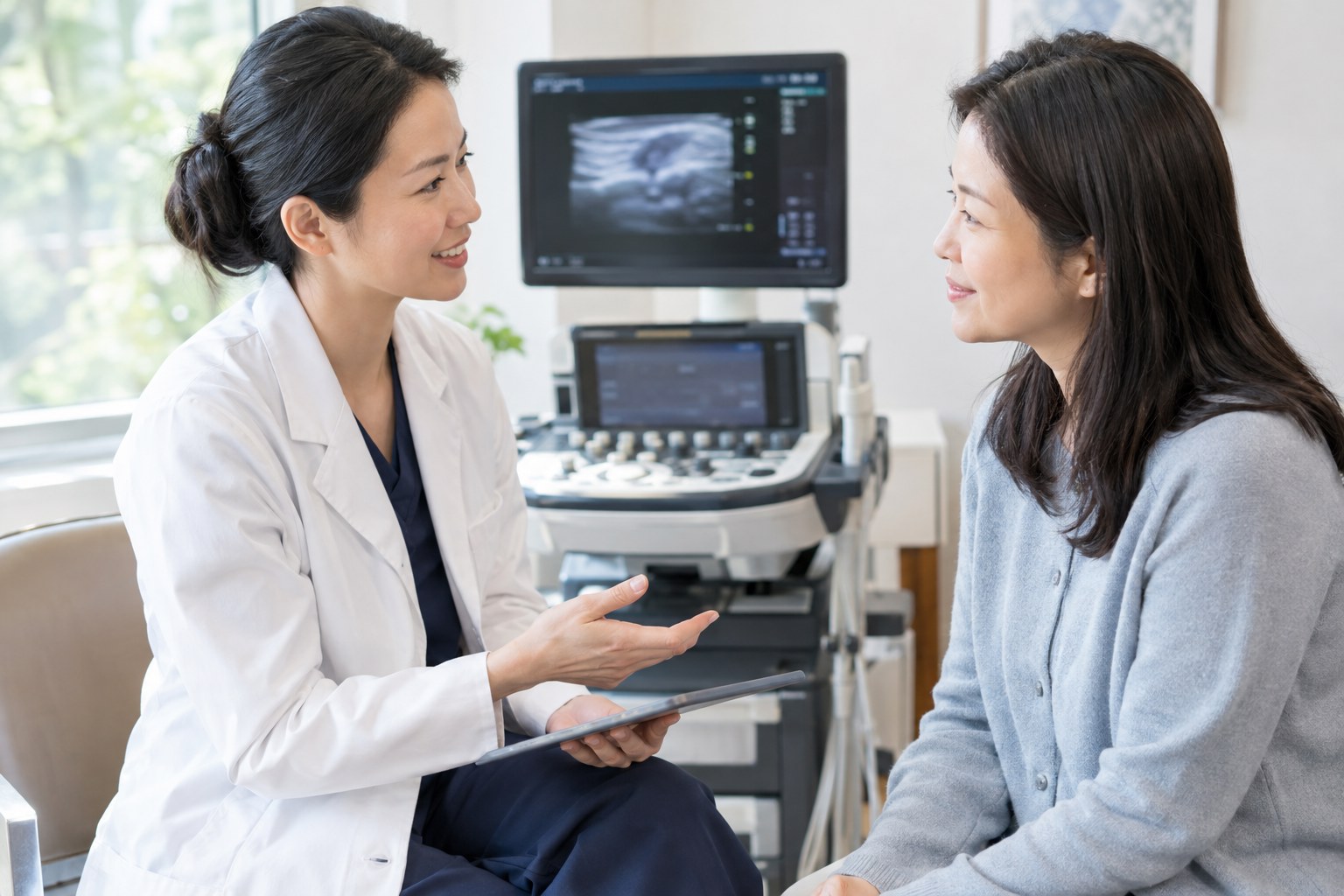Chinese Asian radiologist discussing breast imaging with a patient