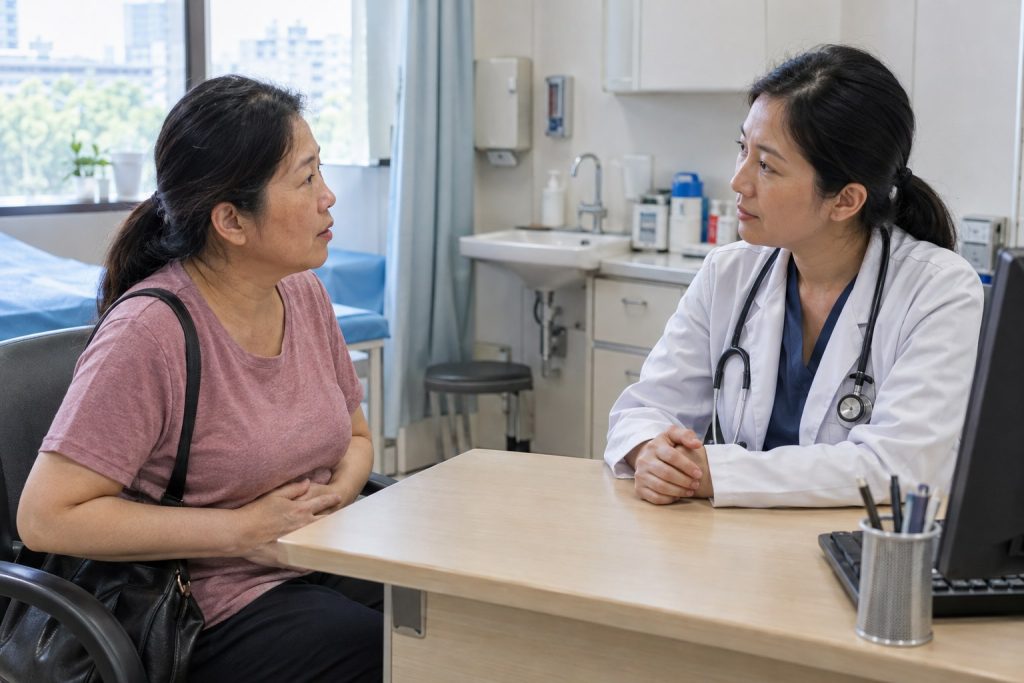 Chinese Asian woman discussing bowel symptoms with a doctor
