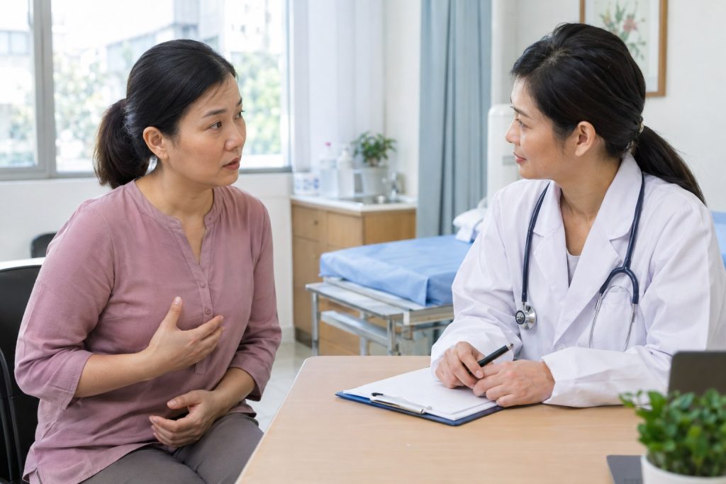 Chinese Asian woman discussing breast changes with a doctor