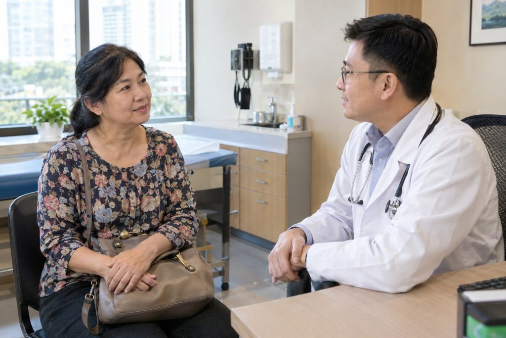 Chinese Asian woman discussing persistent cough with a doctor