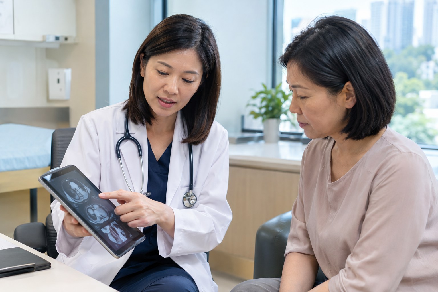 Chinese Malaysian doctor explaining medical scan findings to a Chinese Malaysian patient during a consultation