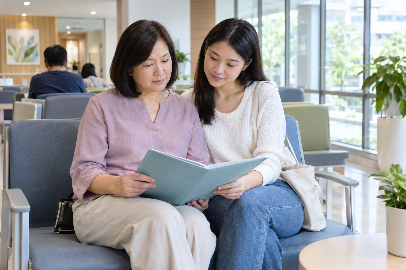 Chinese Malaysian adult patient and family member sitting together in a modern Malaysian hospital waiting area