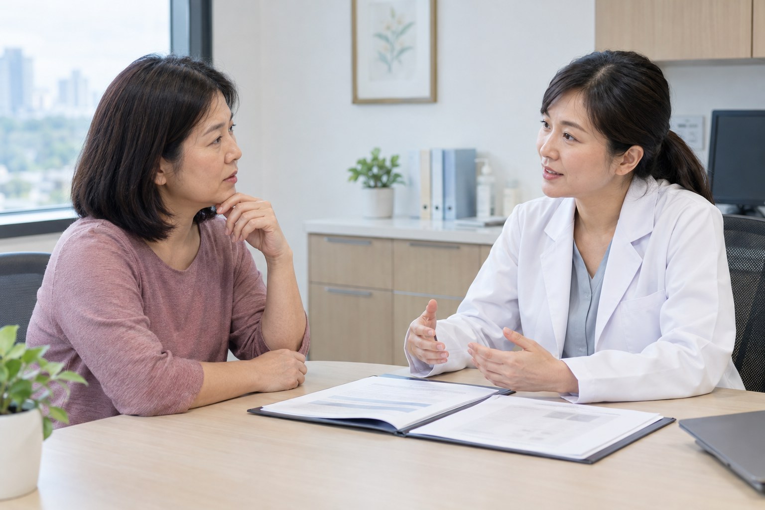 Chinese Malaysian patient speaking with an Asian doctor about medical test results during a consultation
