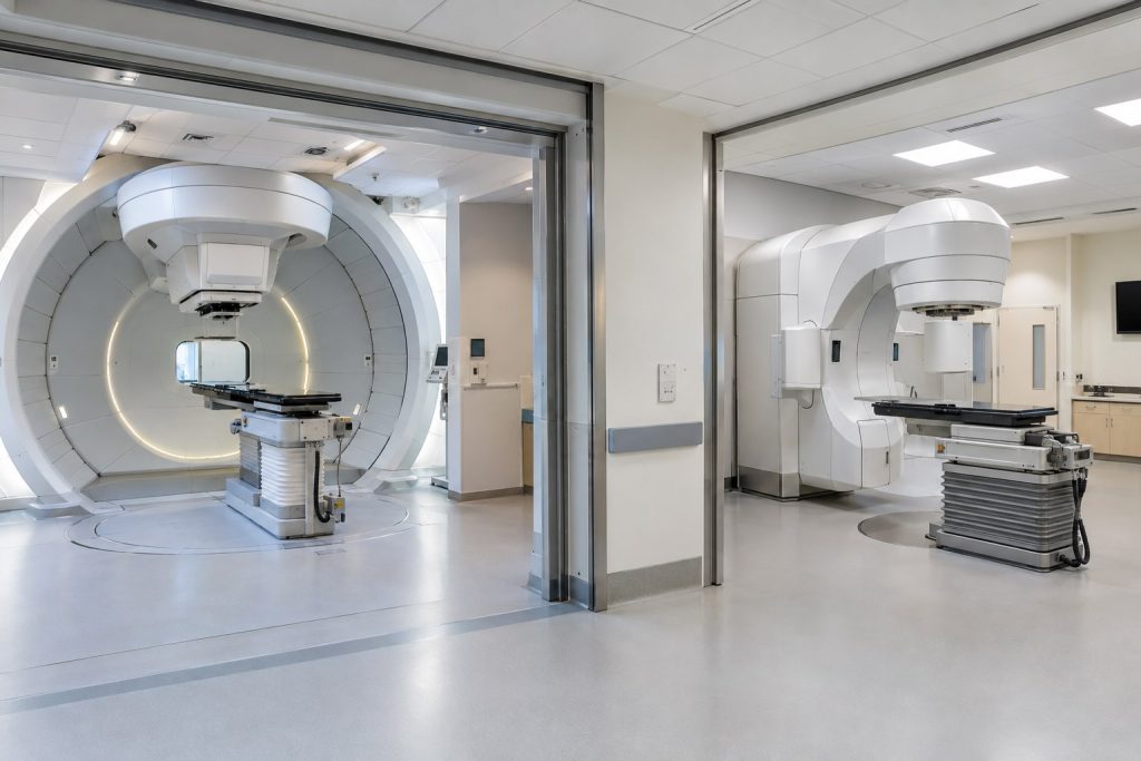 Illustrative comparison of proton beam therapy equipment and photon radiotherapy linear accelerator