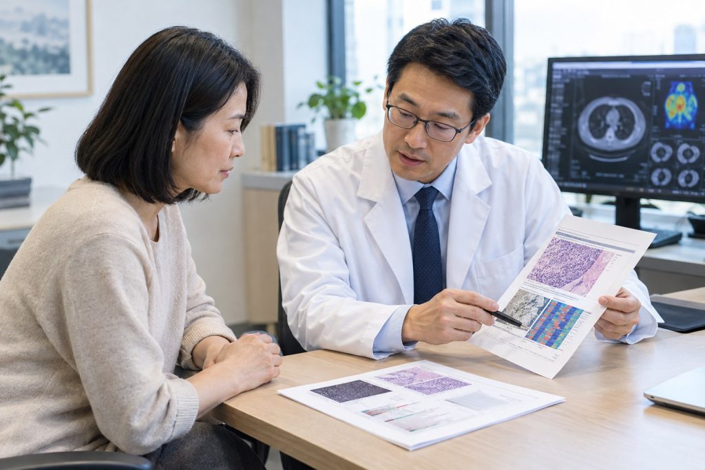 Oncologist and patient reviewing cancer biomarker results to assess targeted therapy suitability