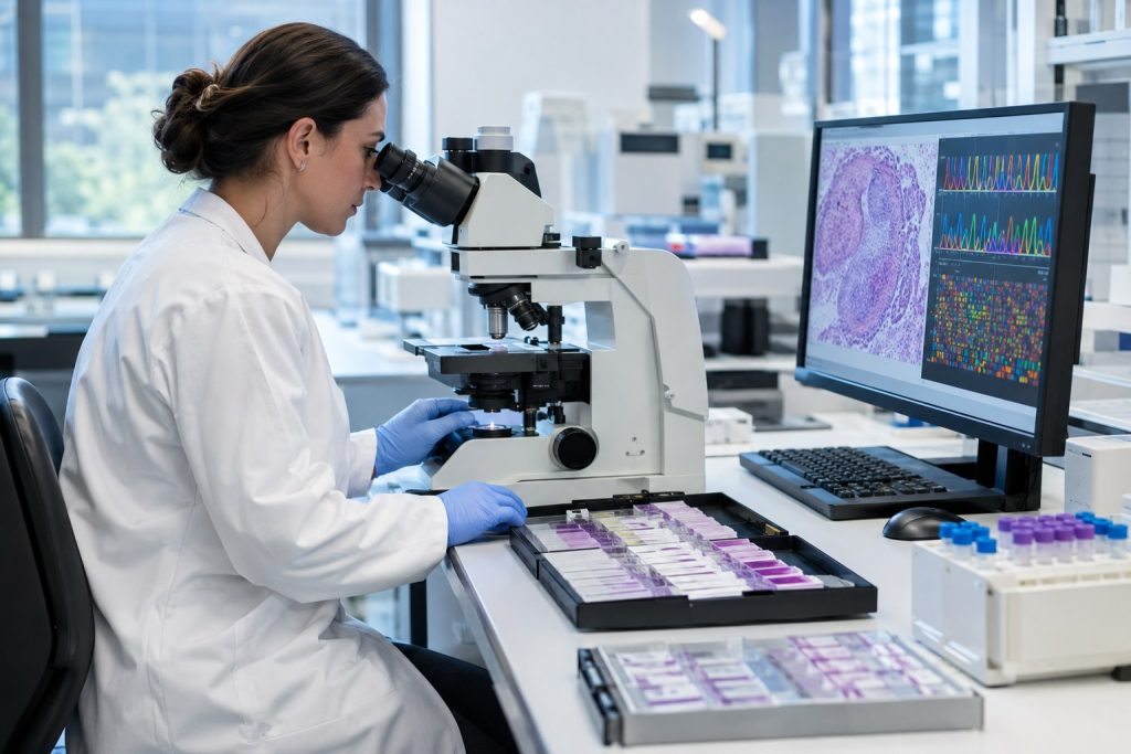 Pathologist examining cancer tissue slides for biomarker and molecular testing