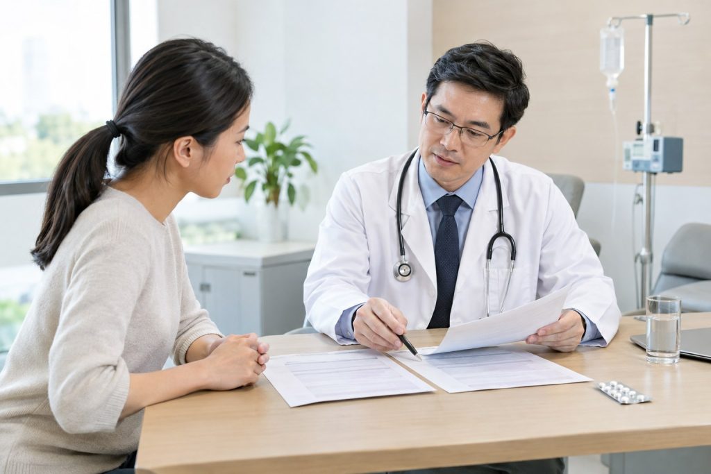 Patient and oncologist comparing cancer medication treatment options including targeted therapy and chemotherapy